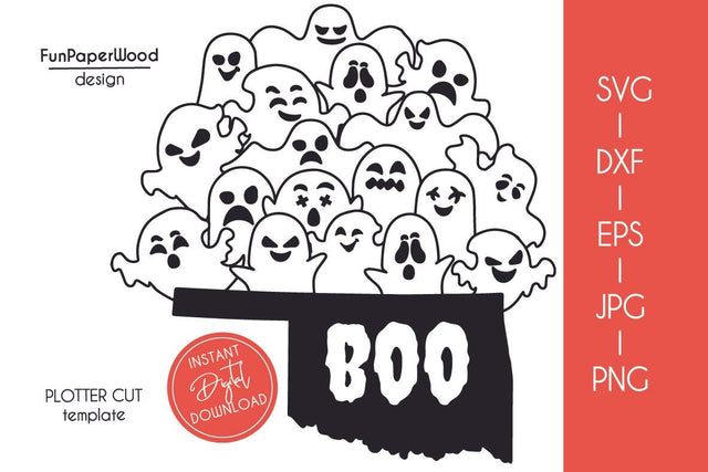 Oklahoma OK state map Cute Halloween Boo scary ghosts faces SVG DXF EPS PNG JPEG SVG FunPaperWood 