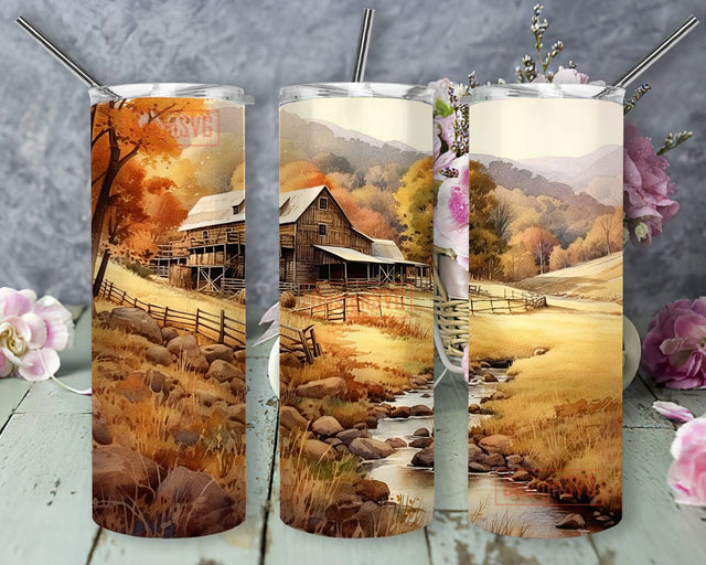 Old Barn And Country House On Rolling Hills 20oz Skinny Tumbler Png, Rolling Hills Tumbler, Country Landscape Design Sublimation Tumbler Wrap Sublimation DesignSVG 