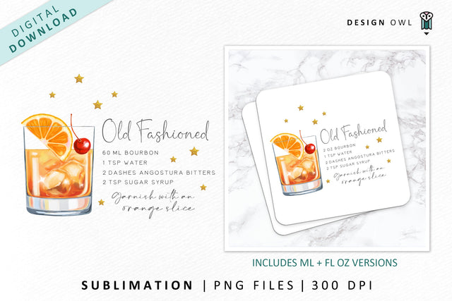Old Fashioned Cocktail Recipe Sublimation File Sublimation Design Owl 