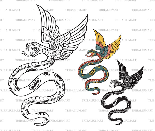 Old School Style Tattoo Snake with Wings SVG TribaliumArtSF 