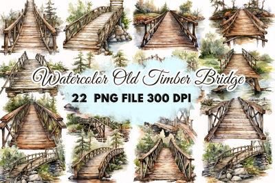 Old Timber Bridge Watercolor Clipart Bundle Sublimation Regulrcrative 