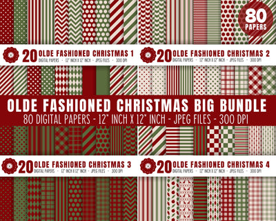 Olde Fashioned Christmas Digital Paper Bundle - 80 Patterns - Polka Dots, Stripes, Chevron - DIY Crafts Digital Pattern Digital Clipart Deals 