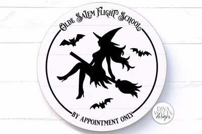 Olde Salem Flight School SVG | Halloween Round Sign | Sexy Witch SVG SVG Diva Watts Designs 