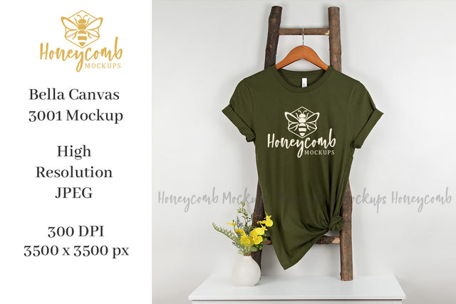 Olive Bella Canvas 3001 Mockup, Hanging Ladder Mockup, Women's T-Shirt Mockup Mock Up Photo Honeycomb Mockups 