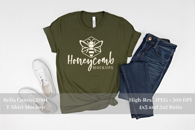 Olive Bella Canvas 3001 Mockup, Women's T-Shirt Mockup Mock Up Photo Honeycomb Mockups 