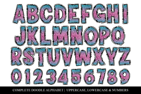 Ombre Doodle Letters, Hand Drawn Sublimation Alphabet Sublimation BijouBay 
