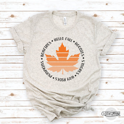Ombre Maple Leaf with Fall Favorite Activities SVG Cloth and Pine Designs 