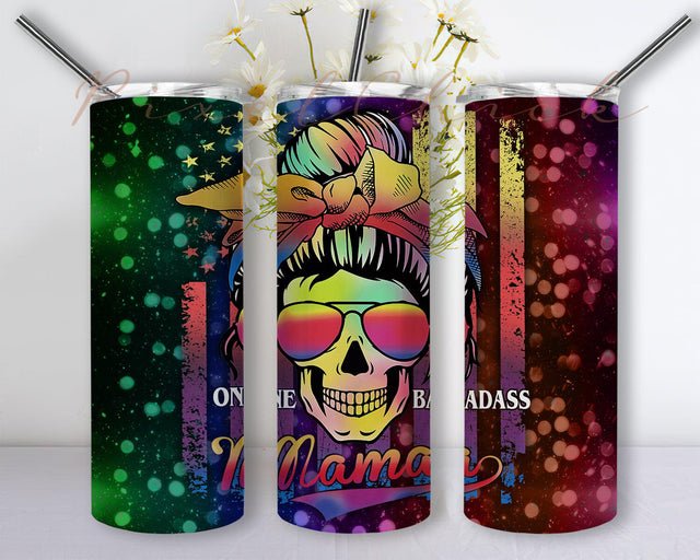 One Badass Mama 20oz Skinny Tumbler, Messy Bun Skull Tumbler Png, Skull Mama Tumbler Design, Funny Mama Sublimation Design, Gift For Her, Instant Download Sublimation PixelChick 