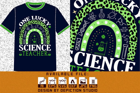 One Lucky Science Teacher T-Shirt, St. Patrick's Science Rainbow Shirt, Animal Print Rainbow, Science Requirements Rainbow Shirt Print Template Sketch DESIGN Depiction Studio 