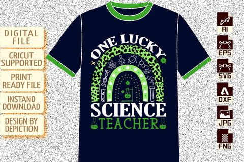 One Lucky Science Teacher T-Shirt, St. Patrick's Science Rainbow Shirt, Animal Print Rainbow, Science Requirements Rainbow Shirt Print Template Sketch DESIGN Depiction Studio 