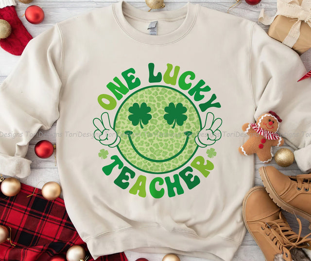 One Lucky Teacher Groovy Smile Face Patrick’s Day Sublimation Designs Sublimation ToriDesigns 