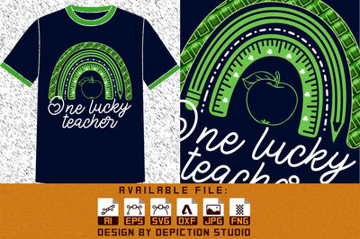 One Lucky Teacher Rainbow T-Shirt, St. Patrick's Day Rainbow Shirt, Teacher Rainbow Apple Shirt Print Template Sketch DESIGN Depiction Studio 