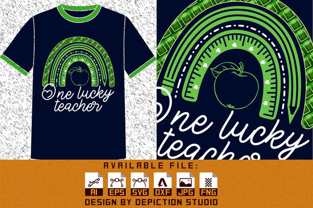 One Lucky Teacher Rainbow T-Shirt, St. Patrick's Day Rainbow Shirt, Teacher Rainbow Apple Shirt Print Template Sketch DESIGN Depiction Studio 