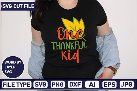 One Thankful Kid SVG Cut File SVGs,quotes-and-sayings,food-drink mini-bundles,print-cut,on-sale Clipart Clip Art Sublimation or Vinyl Shirt Design SVG DesignPlante 503 