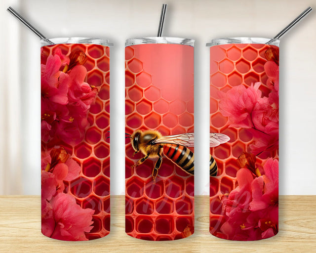 Orange Bee Honeycomb 20oz Skinny Tumbler Png, Golden Bee, Pink Flowers Background Png, Orange Bee Honeycomb Tumbler, Honey Bees Tumbler Sublimation BouDesign 