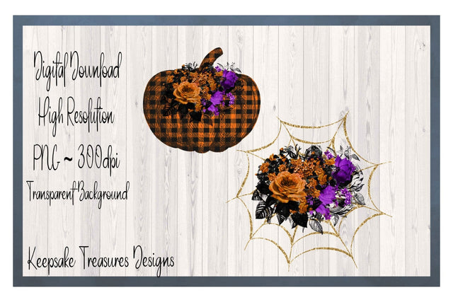 Orange Buffalo Plaid Floral Pumpkin and Spider Web, Sublimation PNG Printable, Digital Download, Individual PNGs Sublimation Keepsake Treasures Designs LLC. 
