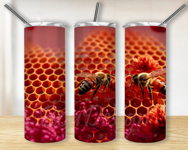 Orange Honeycomb 20oz Skinny Tumbler Png, Golden Bee, Pink Flowers Background Png, Orange Bee Honeycomb Tumbler, 3D Bee Honeycomb Tumbler Sublimation BouDesign 