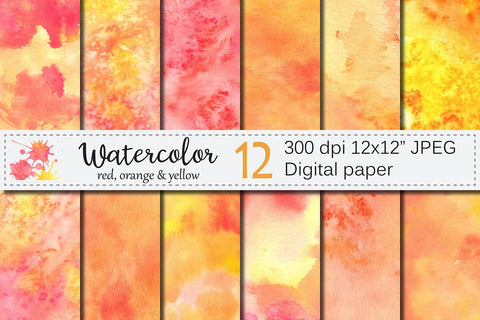 Orange Red Yellow Watercolor Digital Paper, Texture Digital Pattern VR Digital Design 
