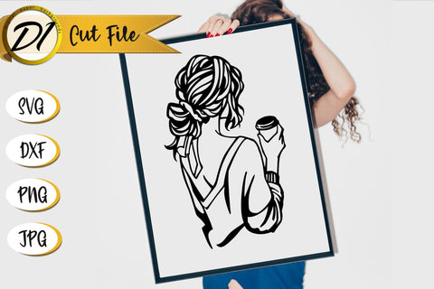 Outline Woman and Cofee Drawing SVG Line Art. SVG Evgenyia Guschina 