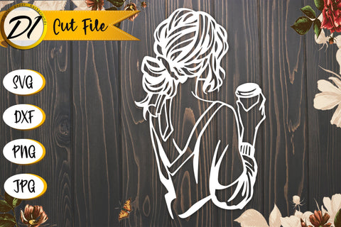 Outline Woman and Cofee Drawing SVG Line Art. SVG Evgenyia Guschina 