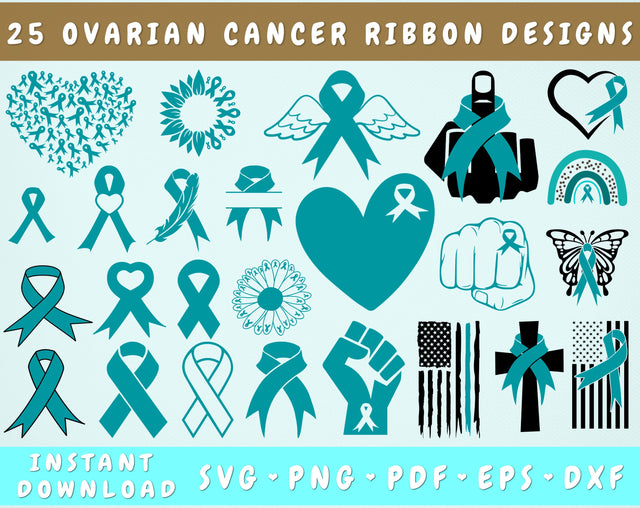 Ovarian Cancer Ribbon SVG Bundle, 25 Designs, Ovarian Cancer Clipart, Teal Cancer Ribbon SVG, Ovarian Cancer PNG Files, Ovarian Cancer Sunflower SVG SVG HappyDesignStudio 