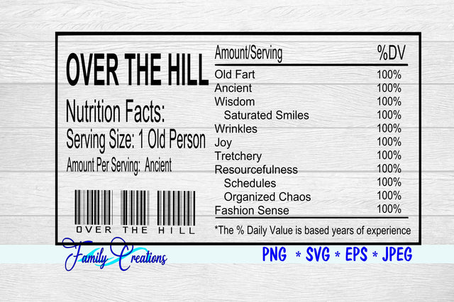 Over The Hill Birthday Nutrition Label SVG Family Creations 