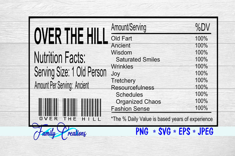 Over The Hill Birthday Nutrition Label SVG Family Creations 