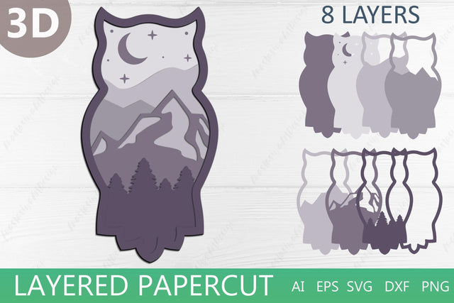Owl 3d laser cut, Layered landscape svg, 3d papercut mountain 3D Paper AnastasiyaArtDesign 