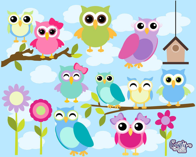 Owl Clipart Svg - Cute owl clipart - Colorful Spring Owl Bundle Set SVG Crafty Mama Studios 