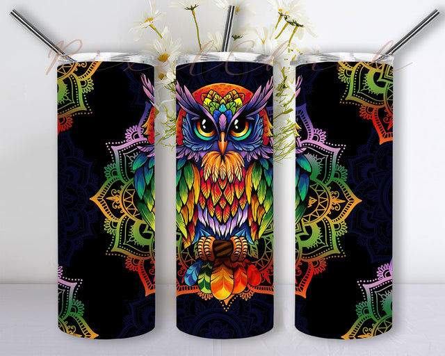 Owl Colorful Mandala Sublimation Designs Downloads, Skinny Tumbler 20oz Design Download PNG Sublimation PixelChick 