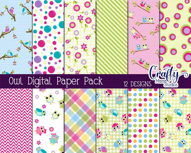 Owl Digital Paper - Cute Owl Scrapbooking - Colorful Spring Owl Paper Set Digital Pattern Crafty Mama Studios 