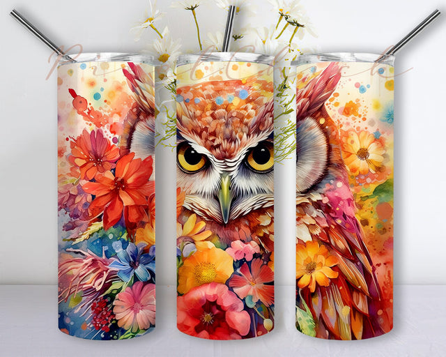 Owl Flowers 20oz Skinny Tumbler Png, Rainbow Owl Flowers Tumbler, Cute Baby Owl Tumbler, Beautiful Cute Baby Owl Framed Vector Flowers, Owl Animal Design Sublimation PixelChick 