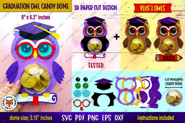 Owl Graduation Candy Dome, Graduation Candy Dome SVG 3D Paper Digital Craftyfox 