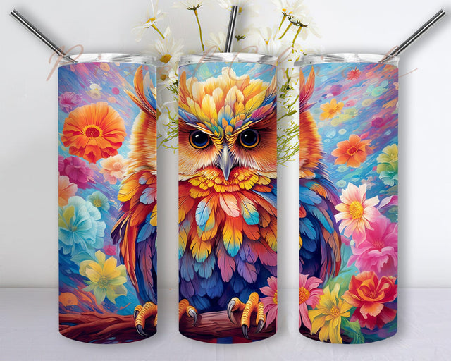 Owl Rainbows 20oz Skinny Tumbler Png, Rainbow Owl Flowers Tumbler, Cute Baby Owl Tumbler, Beautiful Cute Baby Owl Framed Vector Flowers, Owl Animal Design Sublimation PixelChick 