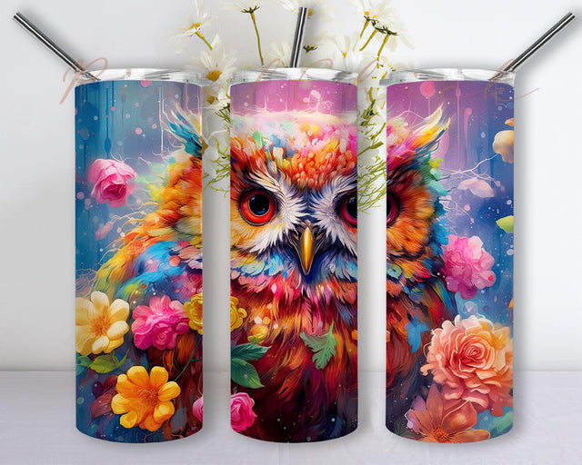 Owl Rainbows 20oz Skinny Tumbler Png, Rainbow Owl Flowers Tumbler, Cute Baby Owl Tumbler, Beautiful Cute Baby Owl Framed Vector Flowers, Owl Animal Design Sublimation PixelChick 