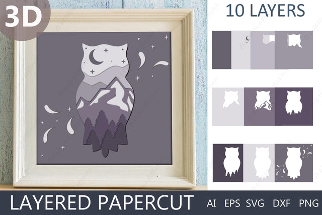 Owl shadow box svg, Layered 3d papercut mountain, Wall art laser cut 3D Paper AnastasiyaArtDesign 