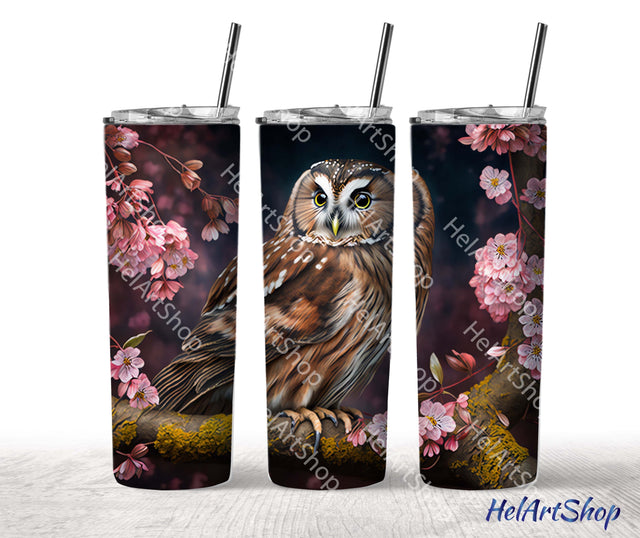 Owl Tumbler PNG Sublimation, Cherry Tree Skinny Tumbler Sublimation _HelArtShop_ 