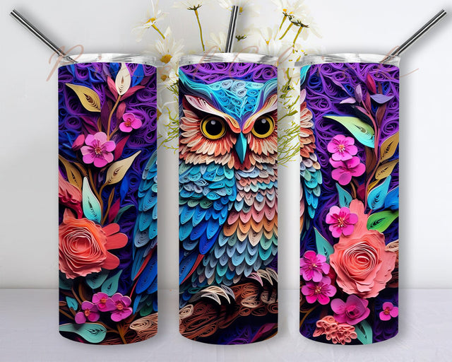Owl With Flowers 20oz Skinny Tumbler Sublimation Design, Background Blue Owl Flowers Tumbler, Owl Flowers Tumbler, Owl Tumbler Sublimation PixelChick 