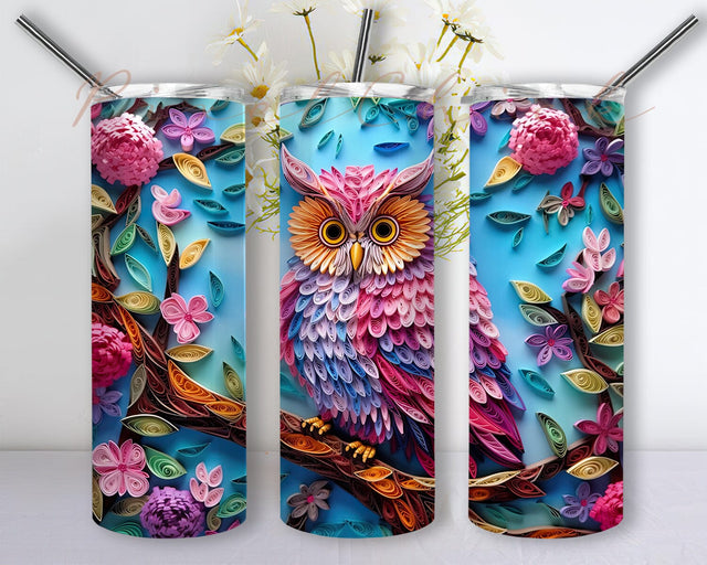 Owl With Flowers 20oz Skinny Tumbler Sublimation Design, Background Blue Owl Flowers Tumbler, Owl Flowers Tumbler, Owl Tumbler Sublimation PixelChick 