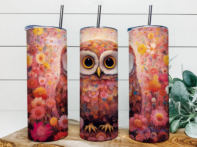 Owl With Large Eyes In Front Of Flowers 20oz Skinny Tumbler Png, Owl Pink Flowers Tumbler, Watercolor Owl Tumbler, Animal Bird Tumbler Wraps, Pink Sublimation Design Sublimation iStyleDesign 
