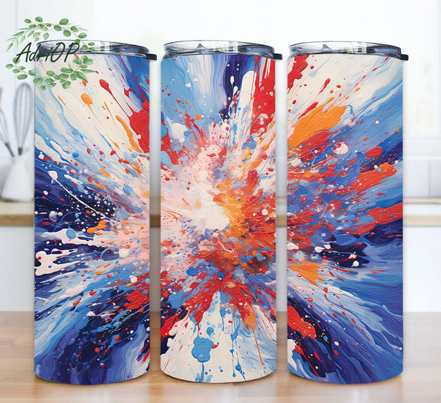 Painted Red White And Blue 20oz Skinny Tumbler Wrap, Colorful 4th Of July Tumbler, USA Tumbler, Red White Blue Tie Dye, July 4th, American Png Sublimation AdriOP 