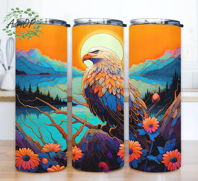 Painting Eagle 20oz Skinny Tumbler Png, Painting Of Bald Eagle In The Branch, Neon Art Nouveau Tumbler, Eagle Flowers Tumbler, Bald Eagle, Forest Png Sublimation AdriOP 