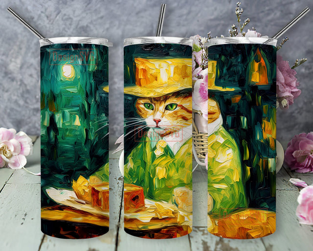 Painting Of A Cat Wearing A Green Hat 20oz Skinny Tumbler Sublimation Design, Cat Green Hat Tumbler, Victorian Cat in Dark Green Outfit Tumbler Sublimation DesignSVG 