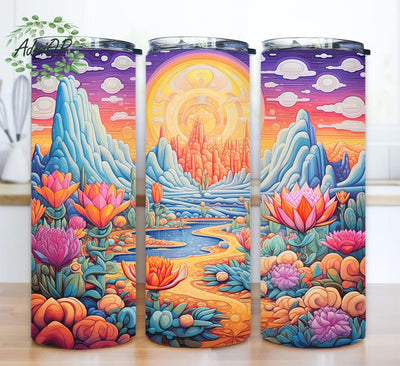 Painting Of A Desert 20oz Skinny Tumbler Png, Around Lotus Flower, Cactus Tumbler, Ship In The Desert Tumbler, Desert Flowers,Realistic Cactus Desert Png Sublimation AdriOP 