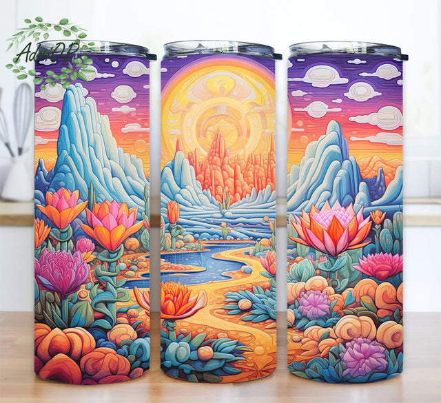 Painting Of A Desert 20oz Skinny Tumbler Png, Around Lotus Flower, Cactus Tumbler, Ship In The Desert Tumbler, Desert Flowers,Realistic Cactus Desert Png Sublimation AdriOP 