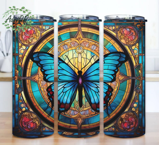 Painting Of Butterfly 20oz Skinny Tumbler Png, Painting Of Butterfly With Tiffany Stained Glass Design, Vibrant Butterfly Stained Glass Tumbler Wrap Sublimation AdriOP 