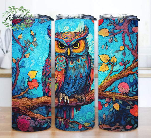 Painting Owl 20oz Skinny Tumbler Png, Painting Owl In The Branch Tumbler, Colorful Flower Owl Tumbler, Owl Tumbler Wrap, 3D Colorful Owl Flowers Tumbler Sublimation AdriOP 