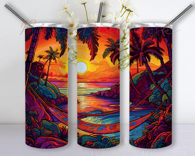 Painting With Sunset Beach And Flowers 20oz Skinny Tumbler Png, Palm Tree Tumbler, Beach Sunset Watercolor Print Ocean Tumbler, Beach Ocean Tumbler Sublimation PixelChick 