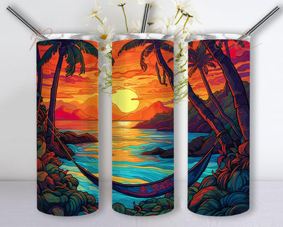 Painting With Sunset Beach And Flowers 20oz Skinny Tumbler Png, Palm Tree Tumbler, Beach Sunset Watercolor Print Ocean Tumbler, Beach Ocean Tumbler Sublimation PixelChick 