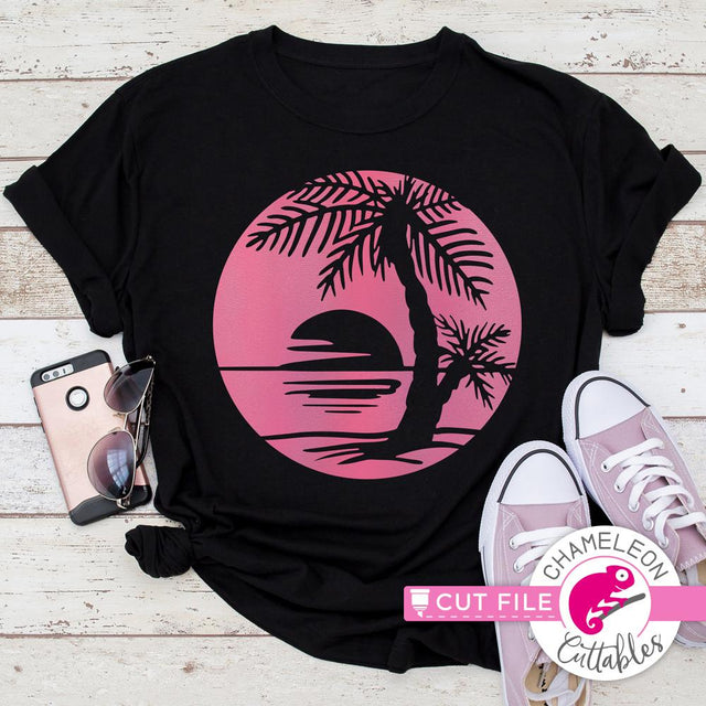 Palm Tree Beach Ocean Paradise - Circle - Summer - Vacation - SVG SVG Chameleon Cuttables 